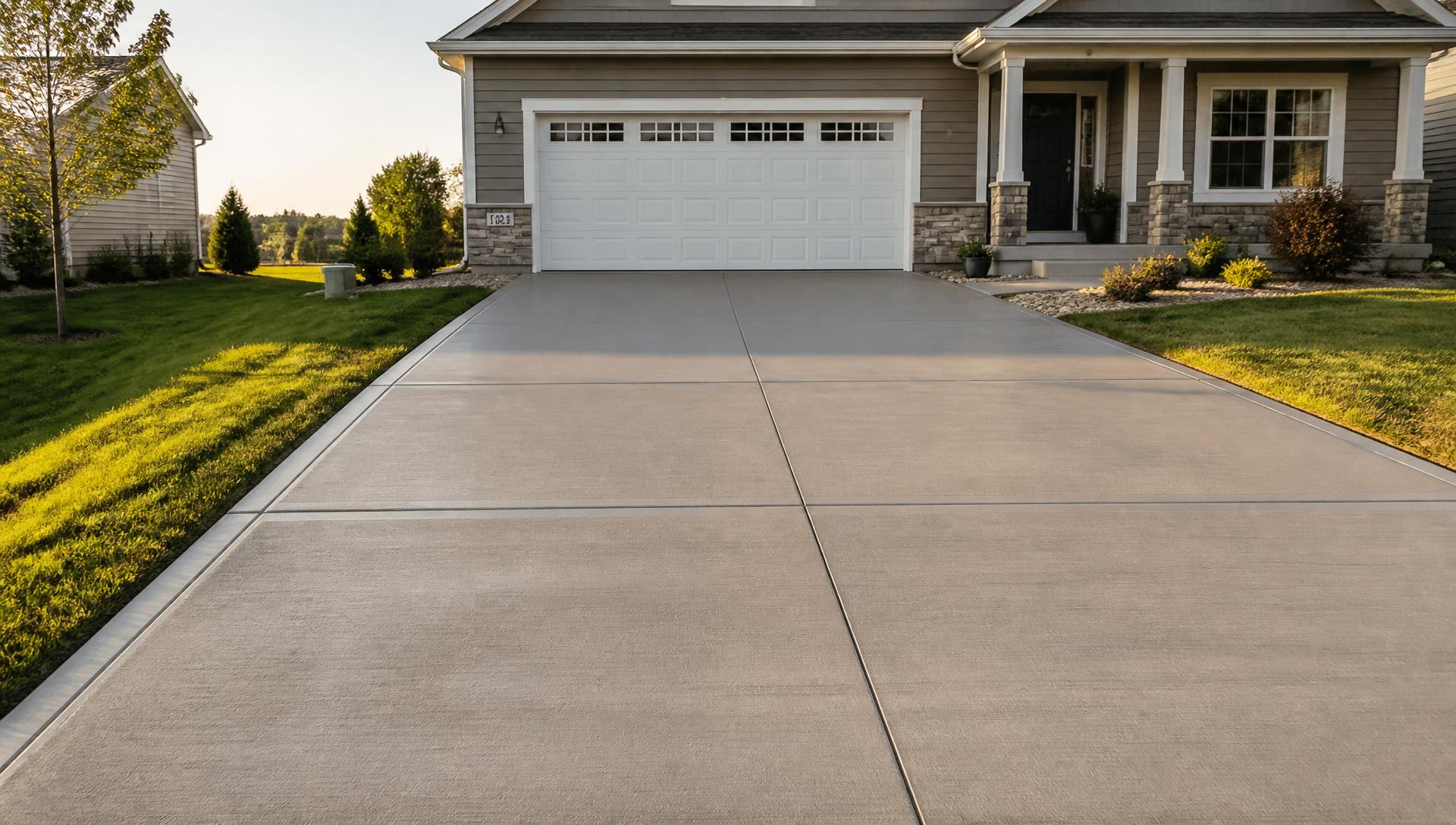 Freshly poured and finished concrete driveway at a home near Verona, Wisconsin